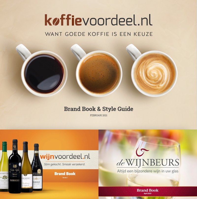 Brandbooks van koffievoordeel.nl, wijnvoordeel.nl en De Wijnbeurs